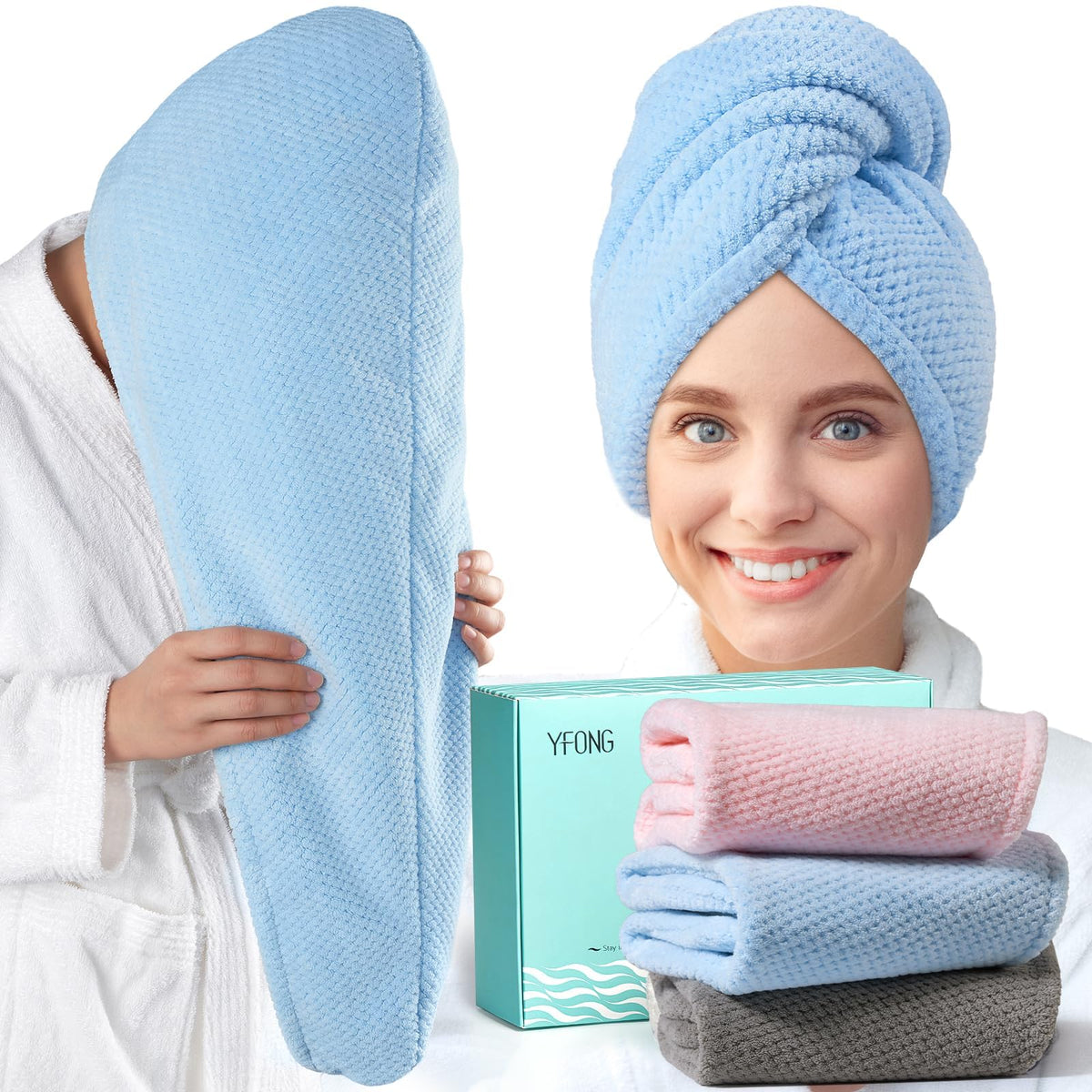 YFONG front packaging showing three-color towel set and benefits