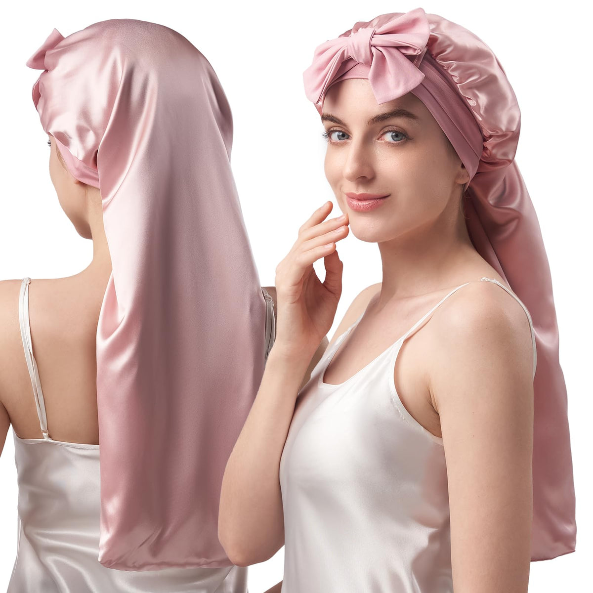 YFONG front view of pink silk bonnet showing shape and finish, protects hair overnight