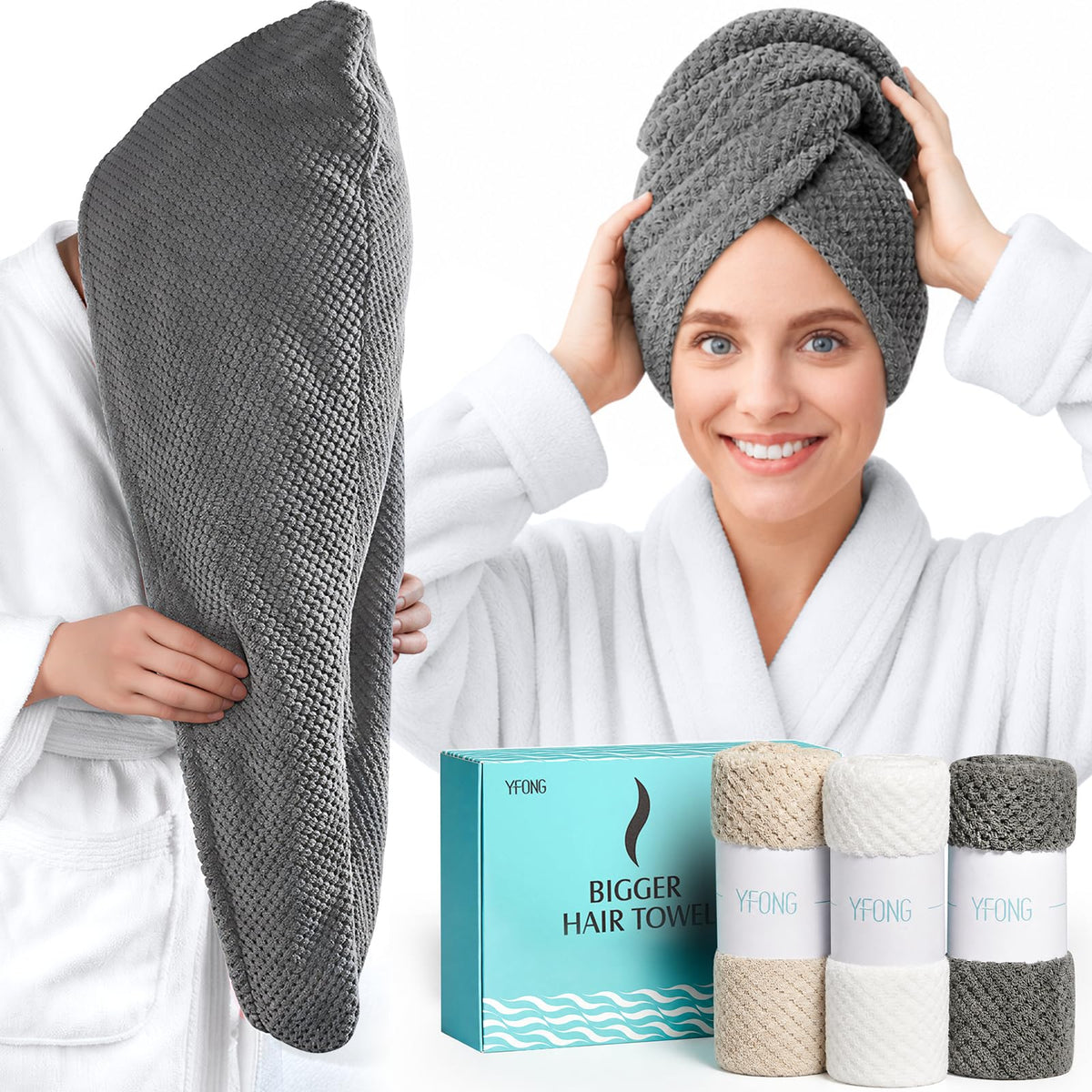 YFONG front view of three-color towel pack showing neat folded set and gift-ready packaging