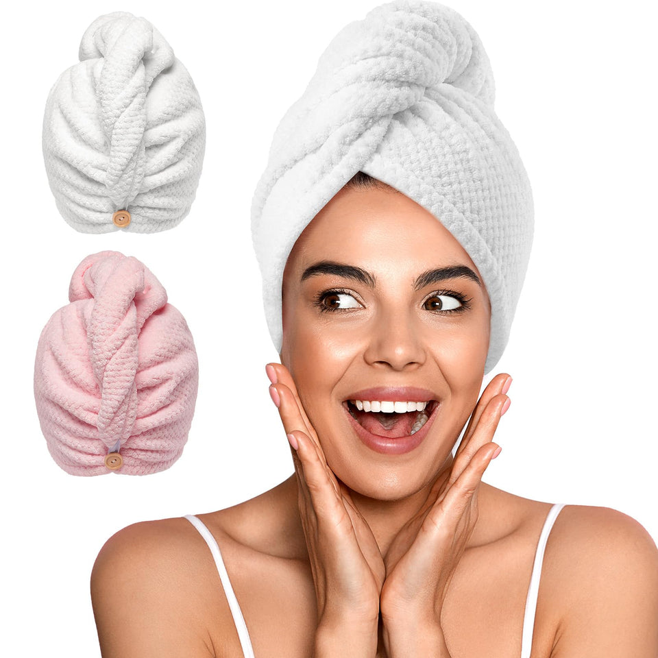 YFONG front view of two towel wraps showing colors and packaging benefit quick drying