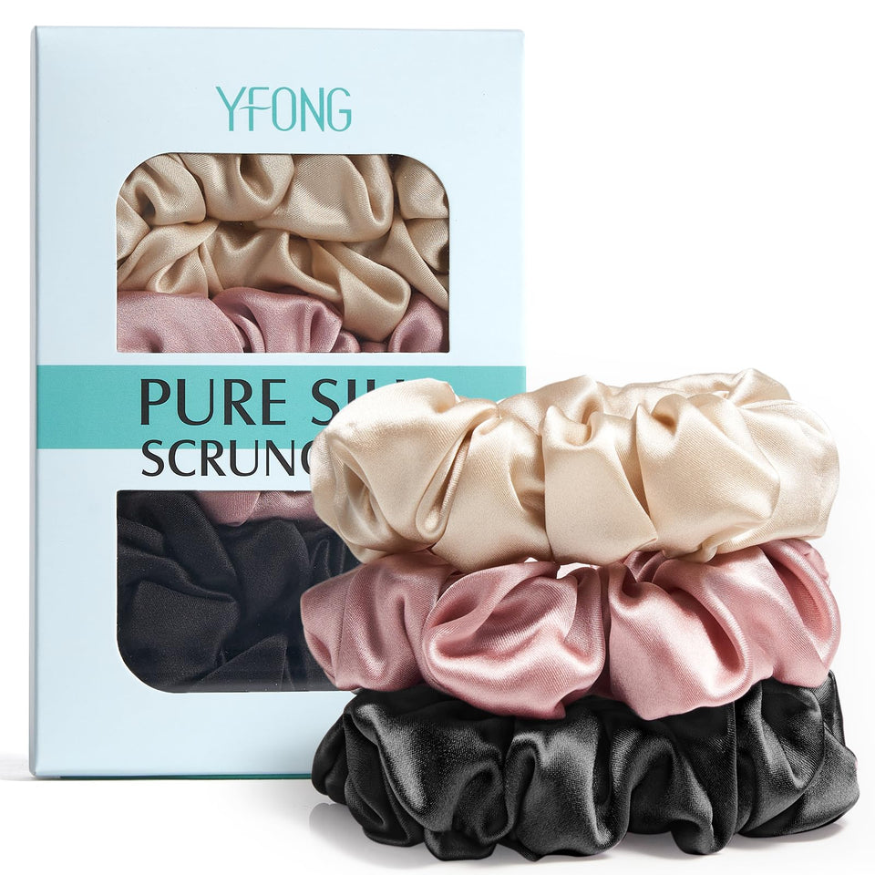YFONG front packaging showcasing three silk scrunchies and neat presentation benefit