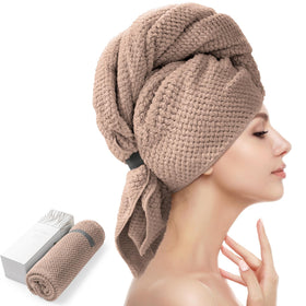 YFONG front view of large brown towel wrap shows full coverage and quick dry benefit