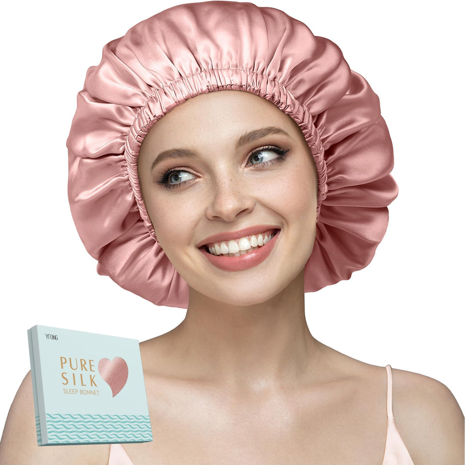 YFONG front view pink bonnet showing smooth silk and fit benefits