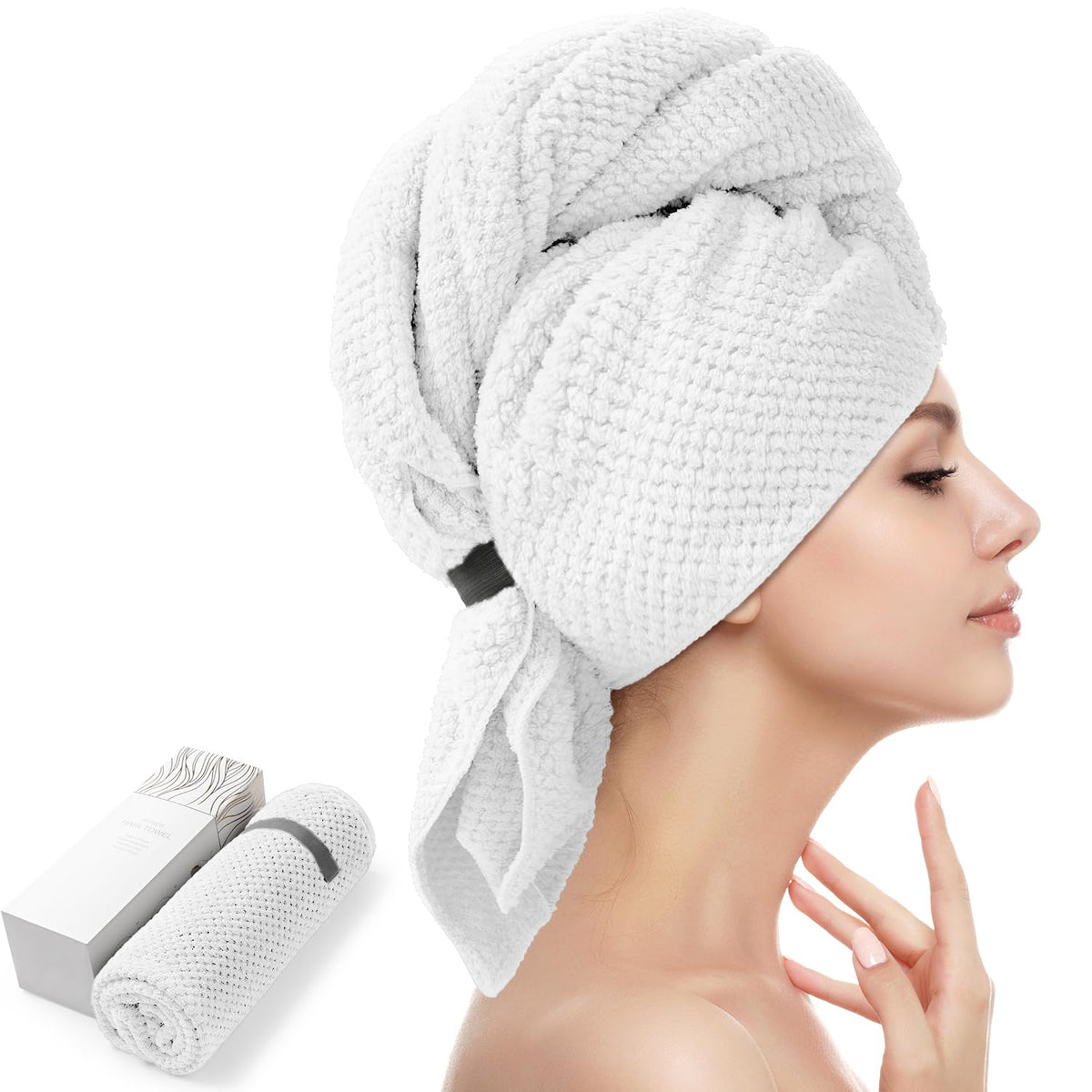 YFONG front view of white towel wrap showing full-size coverage and convenience