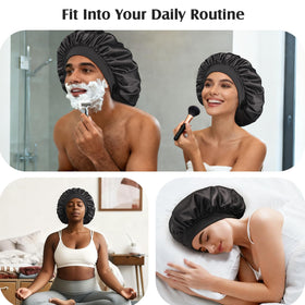 YFONG bonnet worn by model with curly hair showing overnight protection benefit