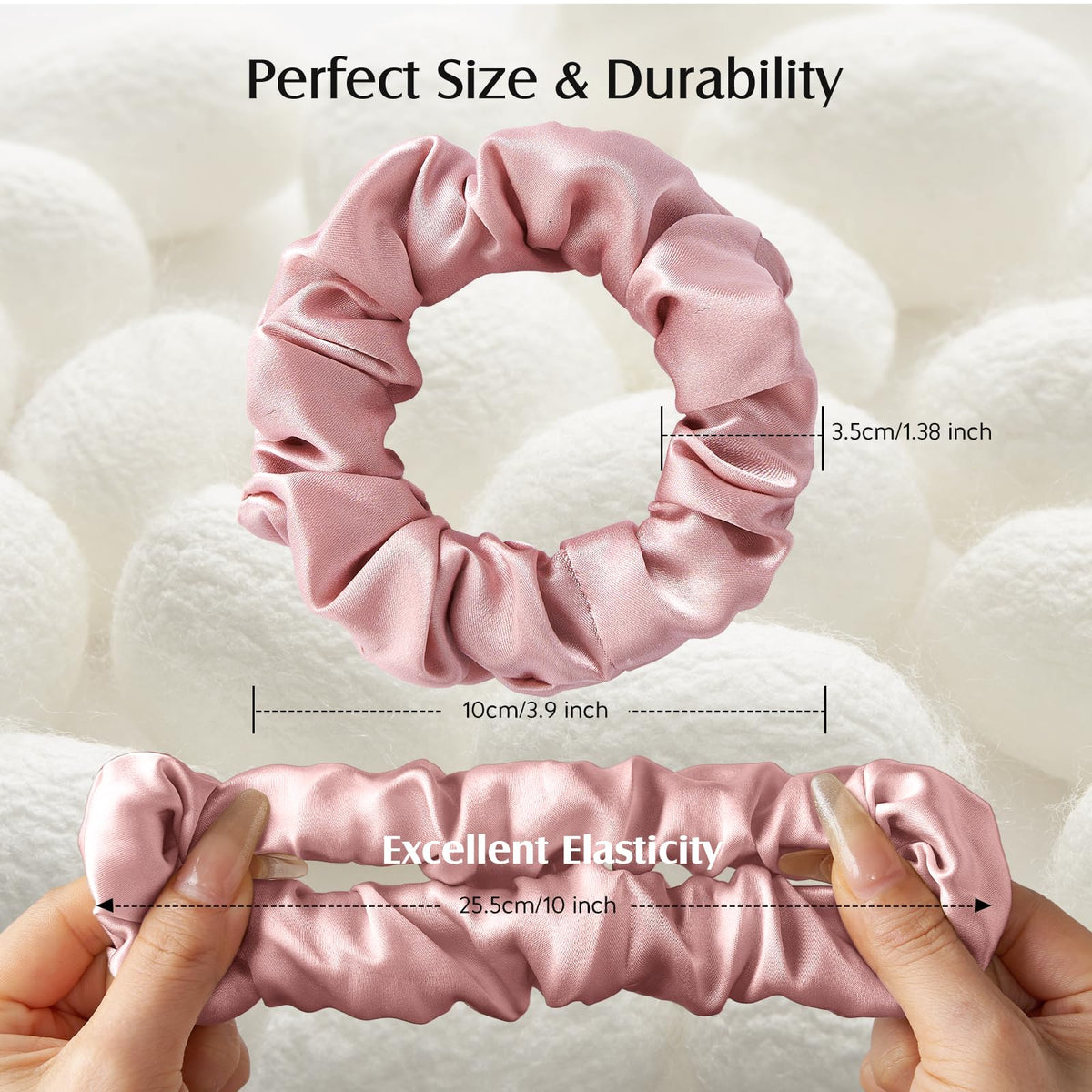 YFONG scrunchie holding a ponytail demonstrating secure grip and gentle hold benefit