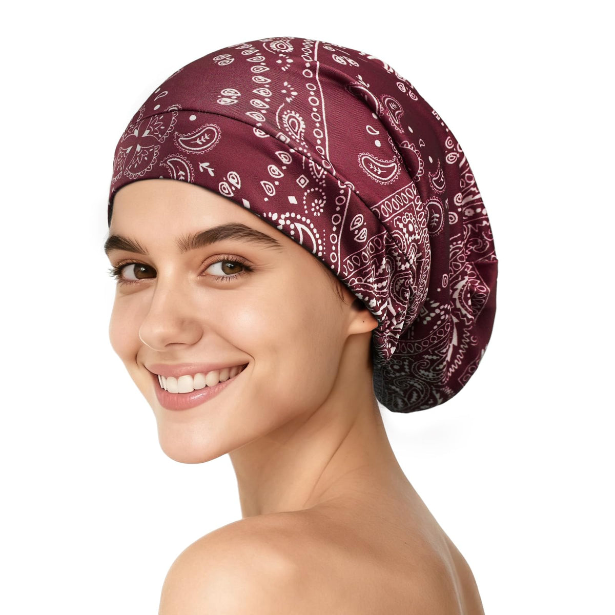 YFONG red bonnet front view showing comfortable fit and secure hold
