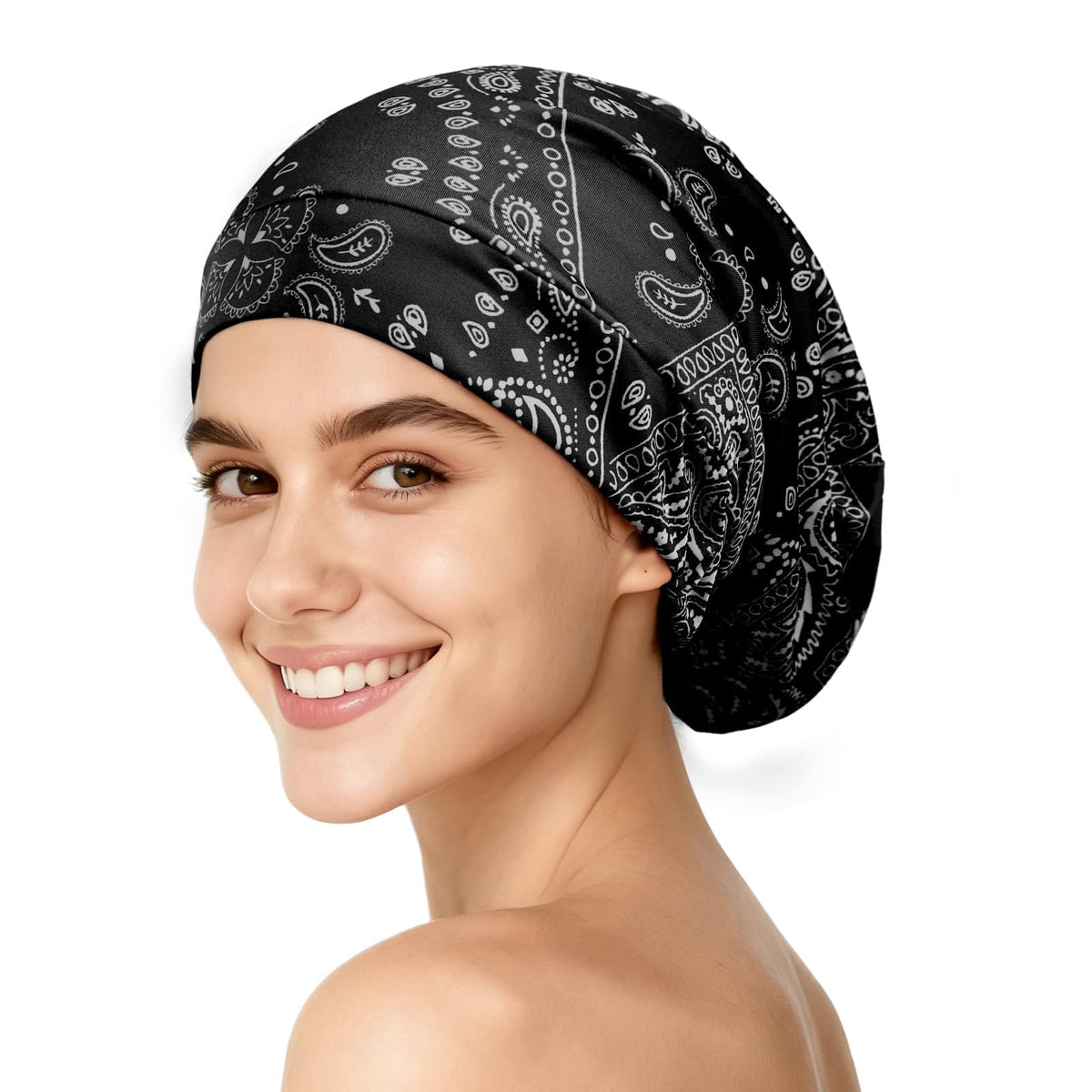 YFONG bonnet front view showing stylish outer print and secure fit benefit