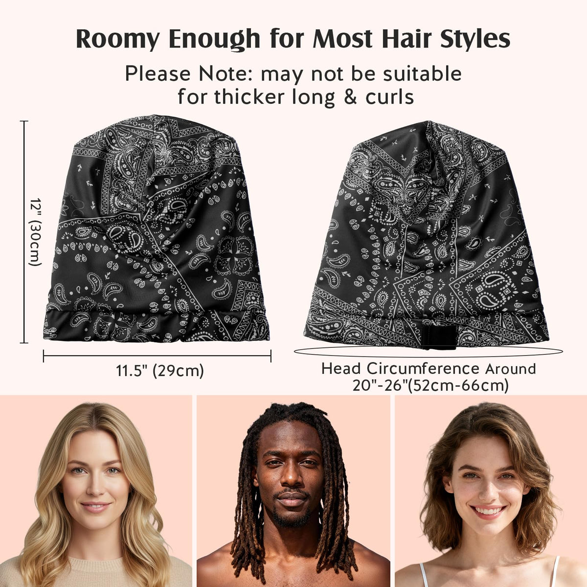YFONG bonnet shown holding long curly hair demonstrating protective capacity