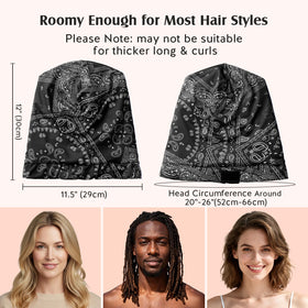 YFONG bonnet shown holding long curly hair demonstrating protective capacity