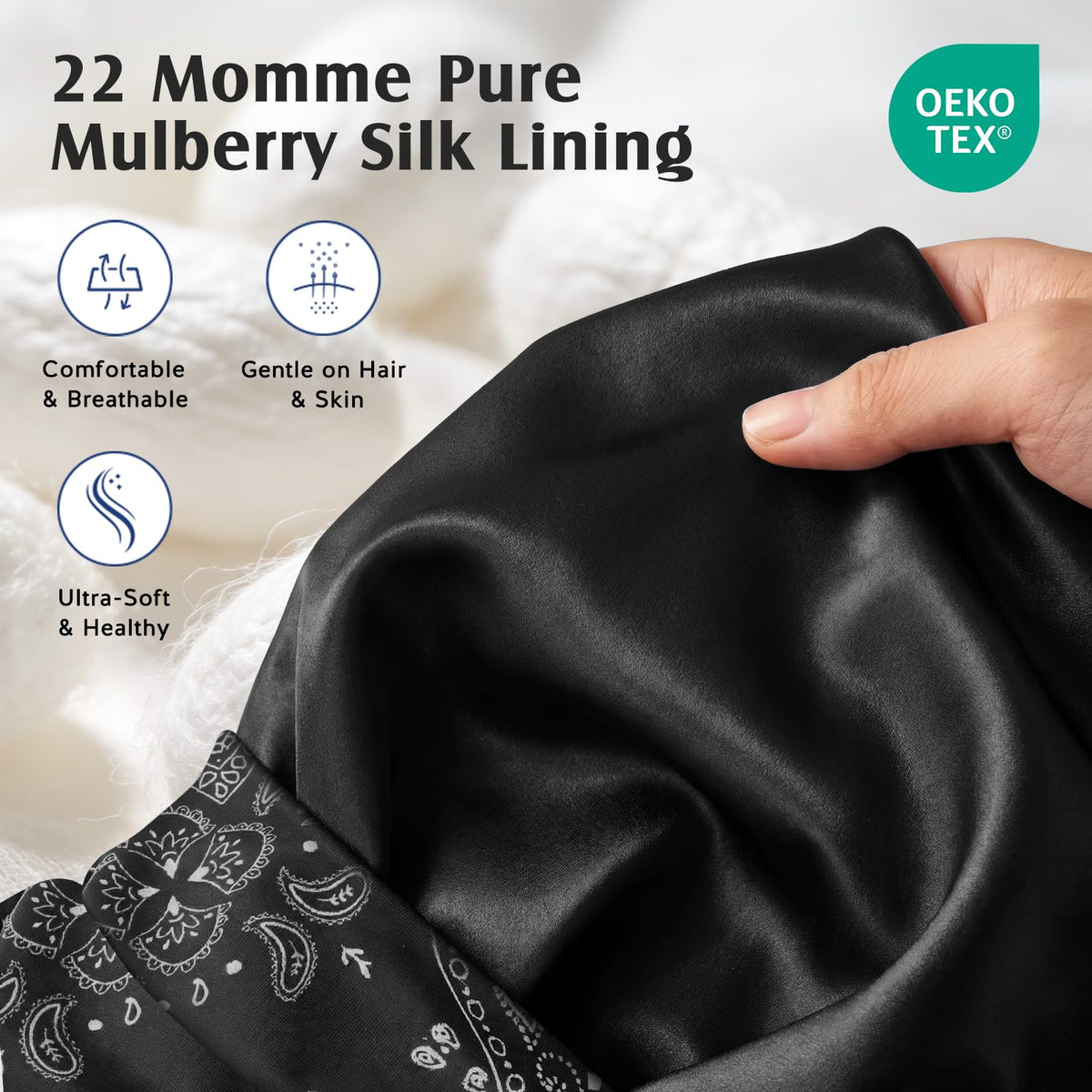 YFONG close-up of 22 momme mulberry silk lining reducing friction and frizz