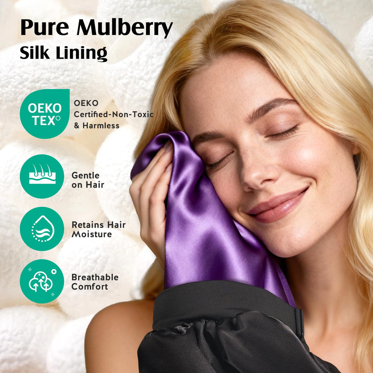 YFONG close-up of mulberry silk lining showing smooth surface benefit