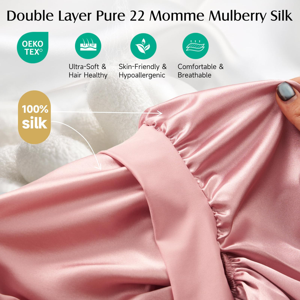YFONG close-up of 22-momme mulberry silk texture, highlights smooth friction reduction