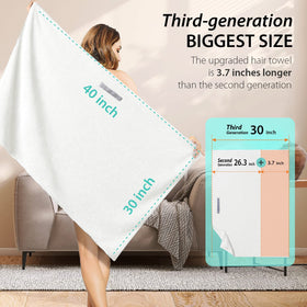 YFONG towel on rack with ruler showing 30x40 size for long hair coverage