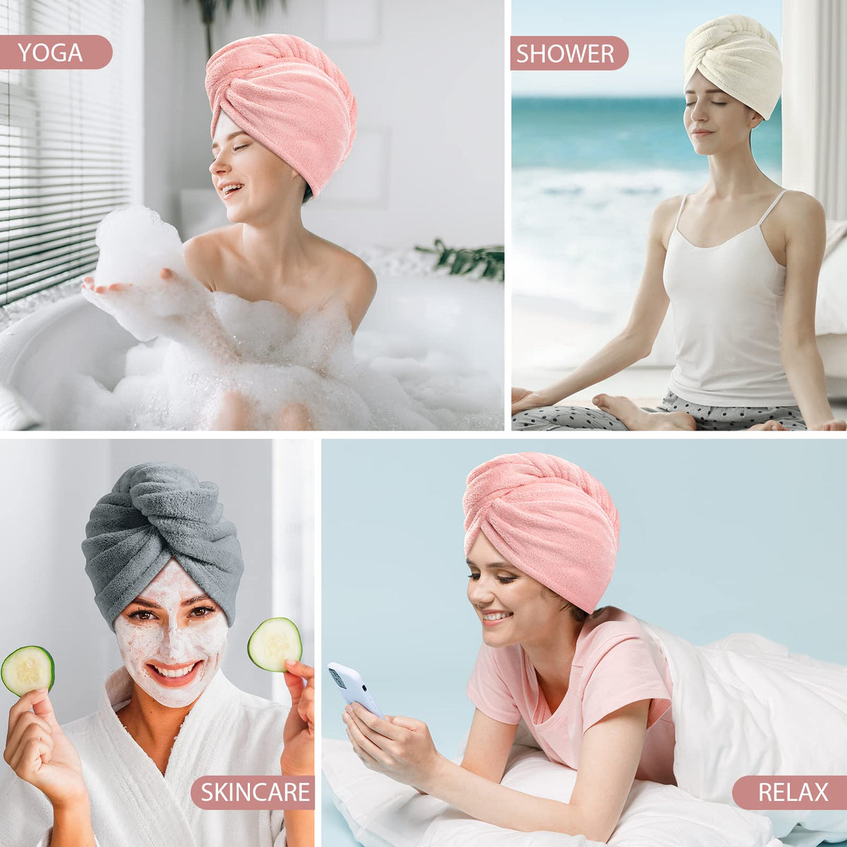 YFONG towel beside a hand showing size and fit for most head types benefit