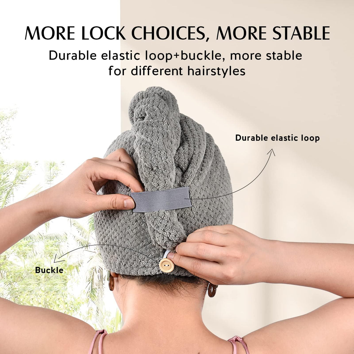 YFONG model wearing towel wrap on long hair demonstrating hands-free drying convenience
