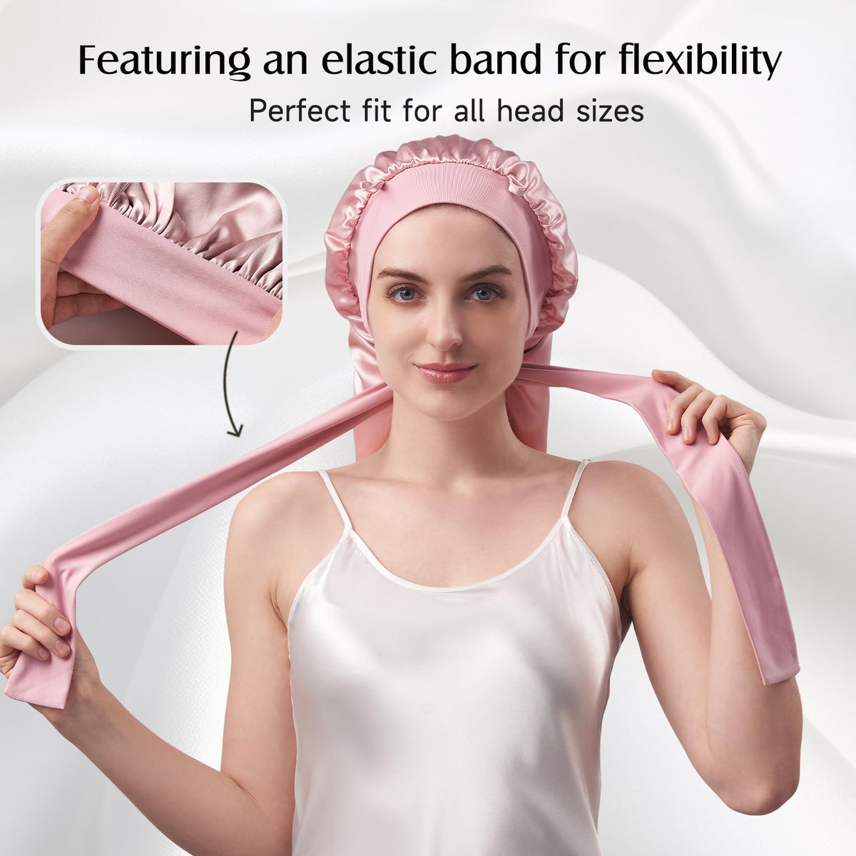 YFONG model sleeping wearing pink bonnet, preserves hairstyle and reduces frizz