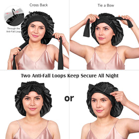 YFONG woman sleeping with bonnet illustrating reduced frizz and comfort