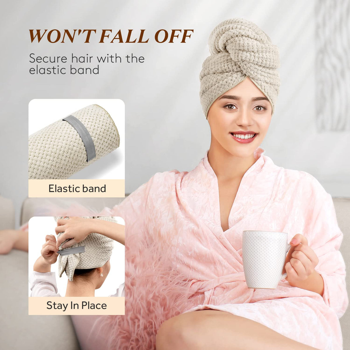 YFONG woman wrapping curly hair demonstrating gentle-frizz reduction