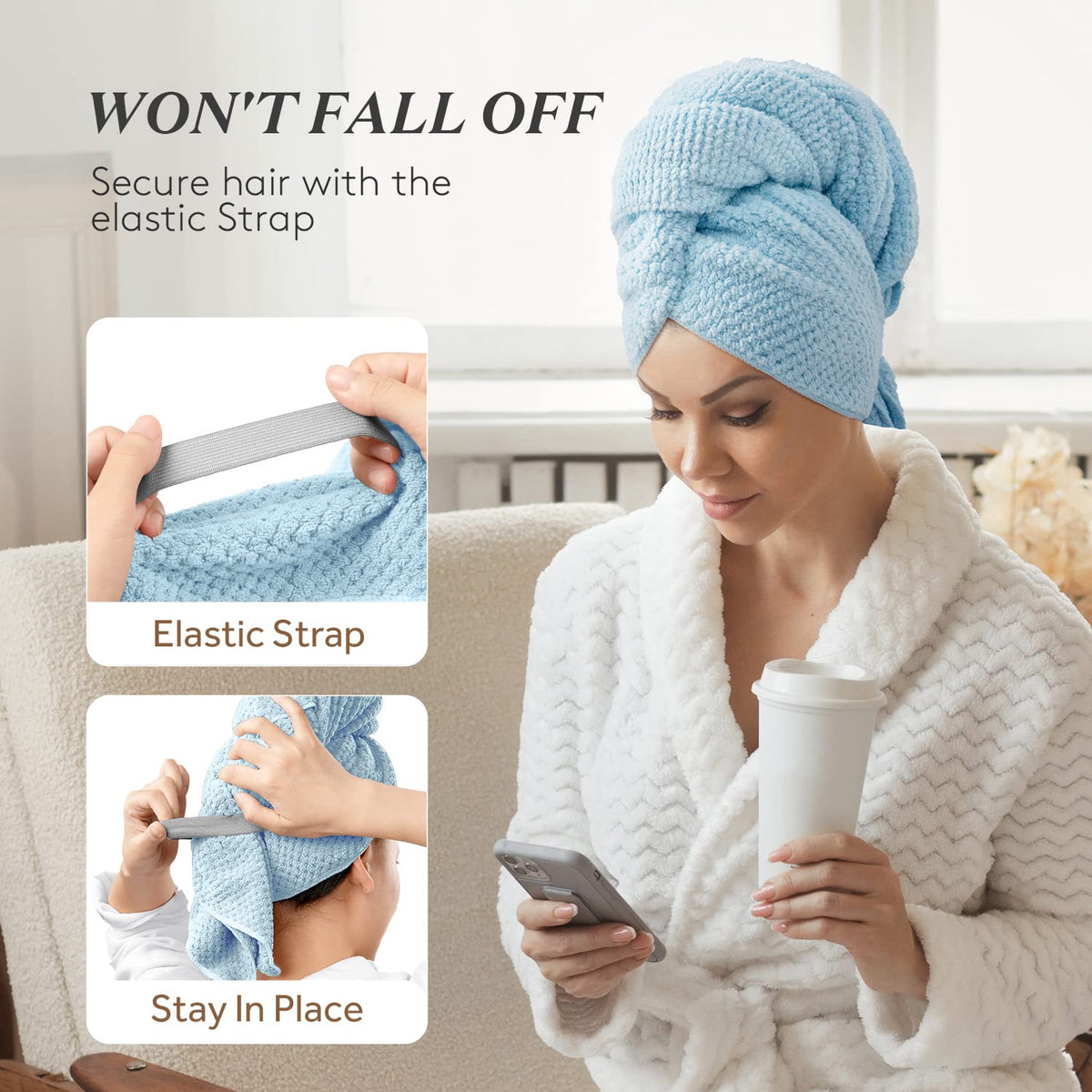 YFONG woman wrapping wet hair in bathroom demonstrating secure fit and hands-free drying benefit