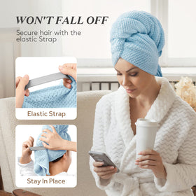 YFONG woman wrapping wet hair in bathroom demonstrating secure fit and hands-free drying benefit