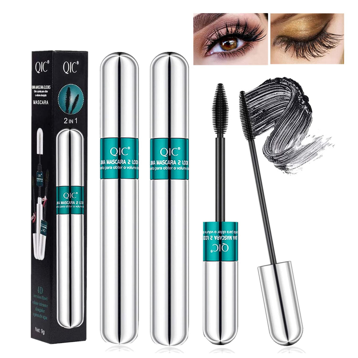 YG LianKai front packaging showing two 4D mascara tubes and branding benefit
