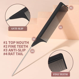 YGDZ rat-tail comb detail showing fine teeth and stainless pin for parting