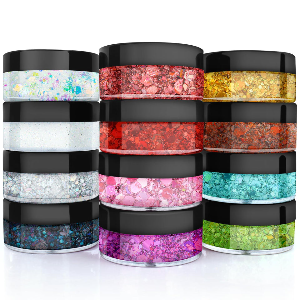 YGQQOY front jars showing 12 colorful holographic glitter gels and vibrant packaging benefit bold variety