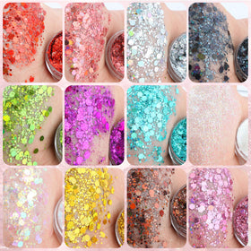 YGQQOY glitter texture close-up revealing chunky holographic flakes for intense light-reflective shine