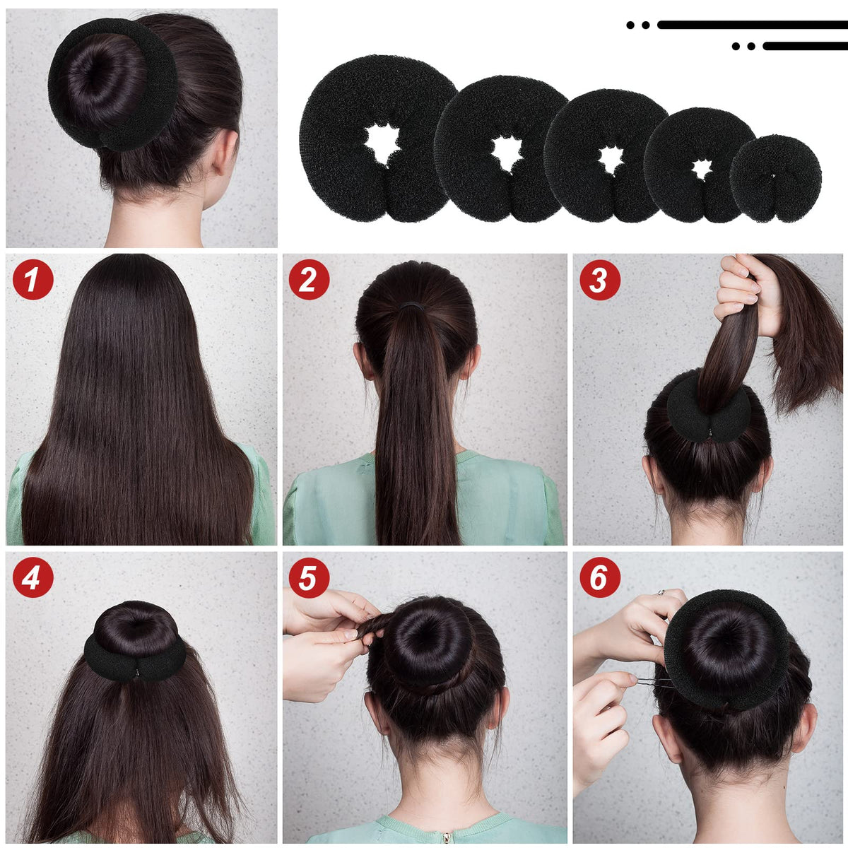 Yinder black elastics and hair clips arranged to show secure fastening options for buns