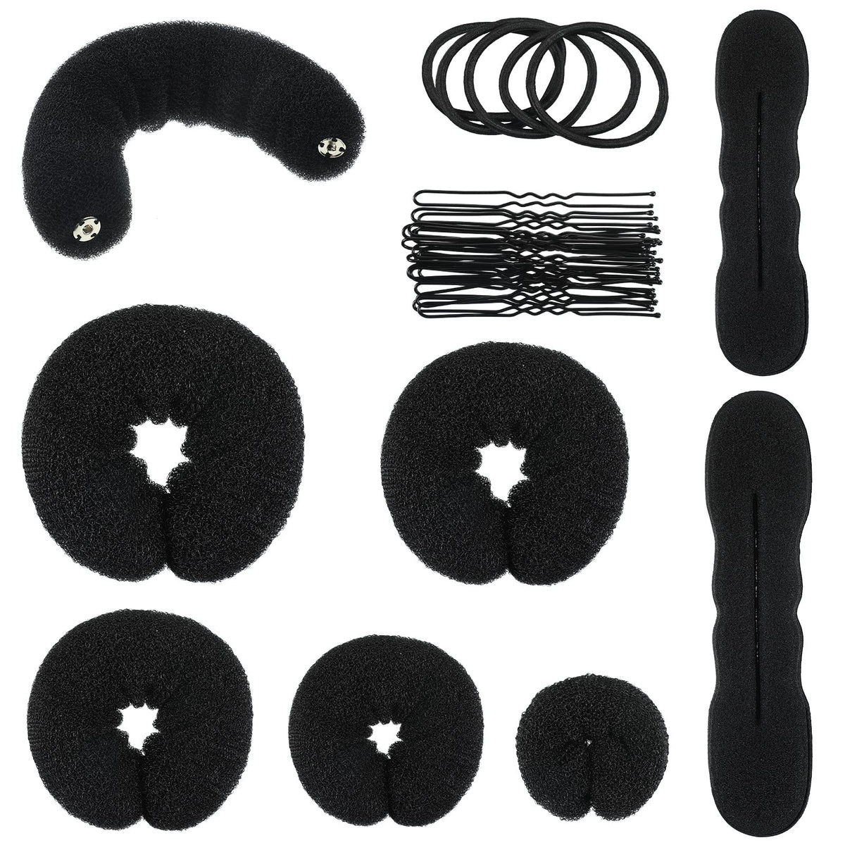 Yinder front packaging showing full 34-piece bun maker kit and included tools for easy styling