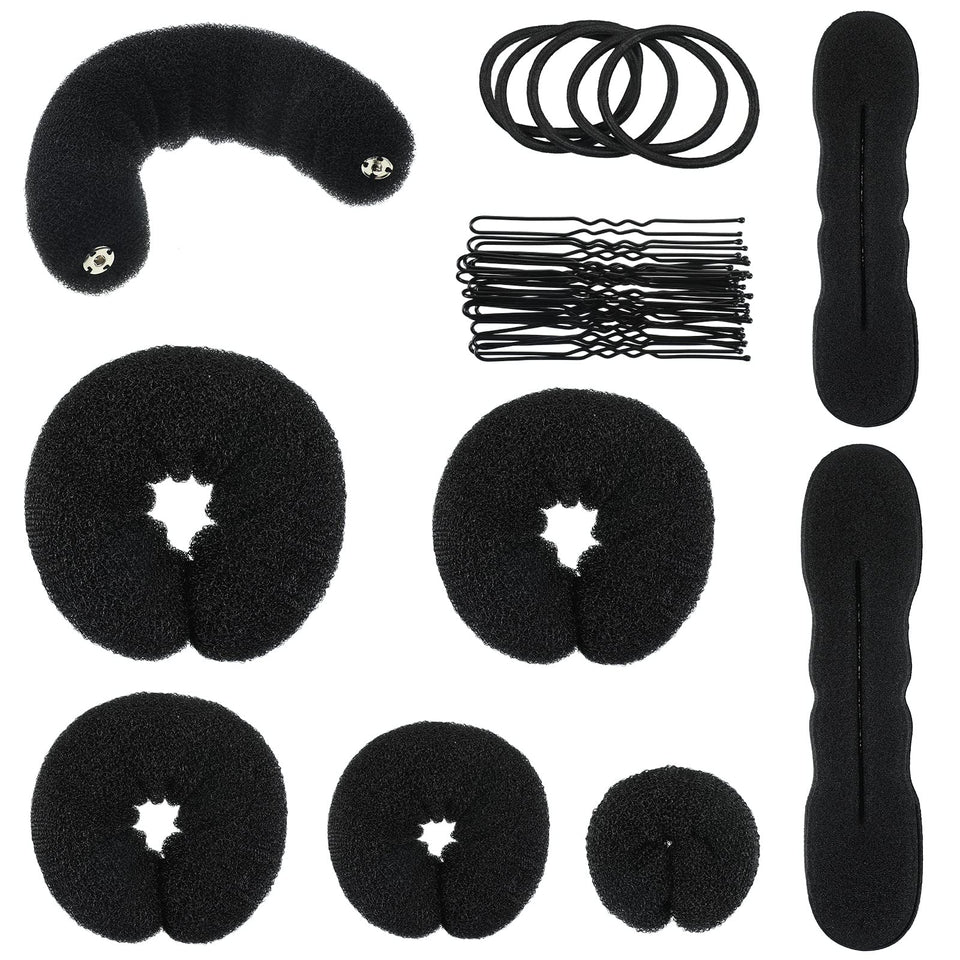Yinder front packaging showing full 34-piece bun maker kit and included tools for easy styling