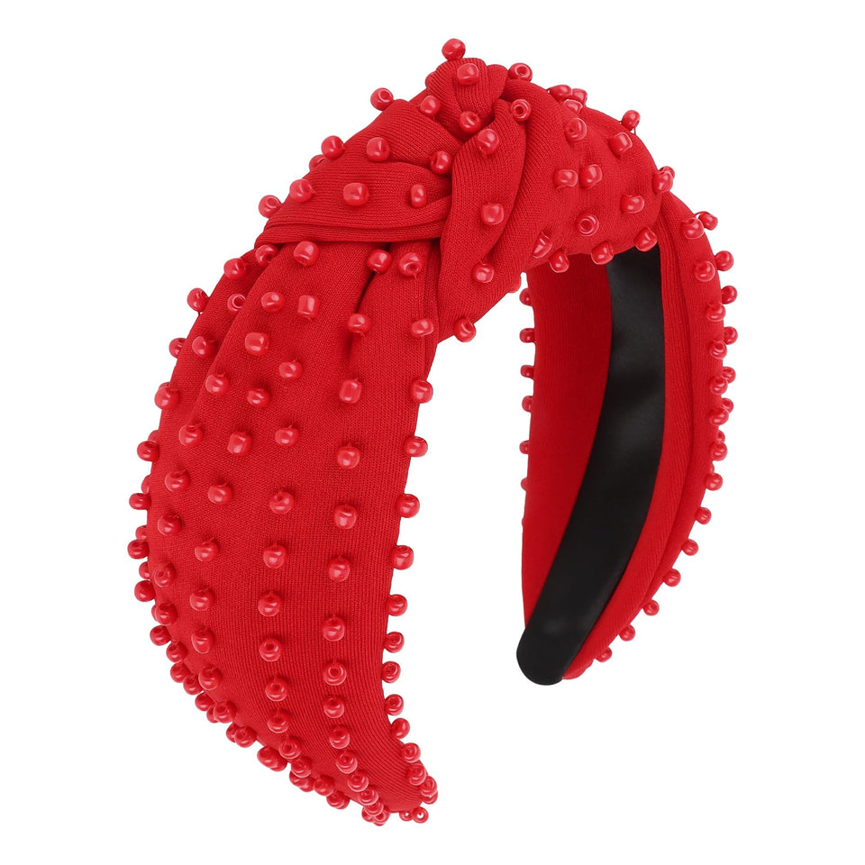 YISSION front view showing red beaded headband, bold festive styling benefit
