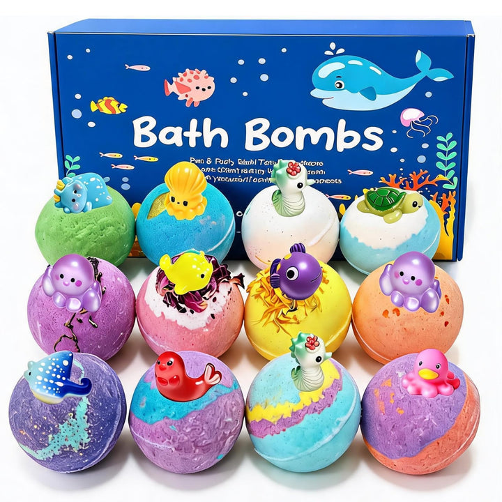 YLXYZUAD front packaging of 12-pack bath bombs showing gift-ready box and colors