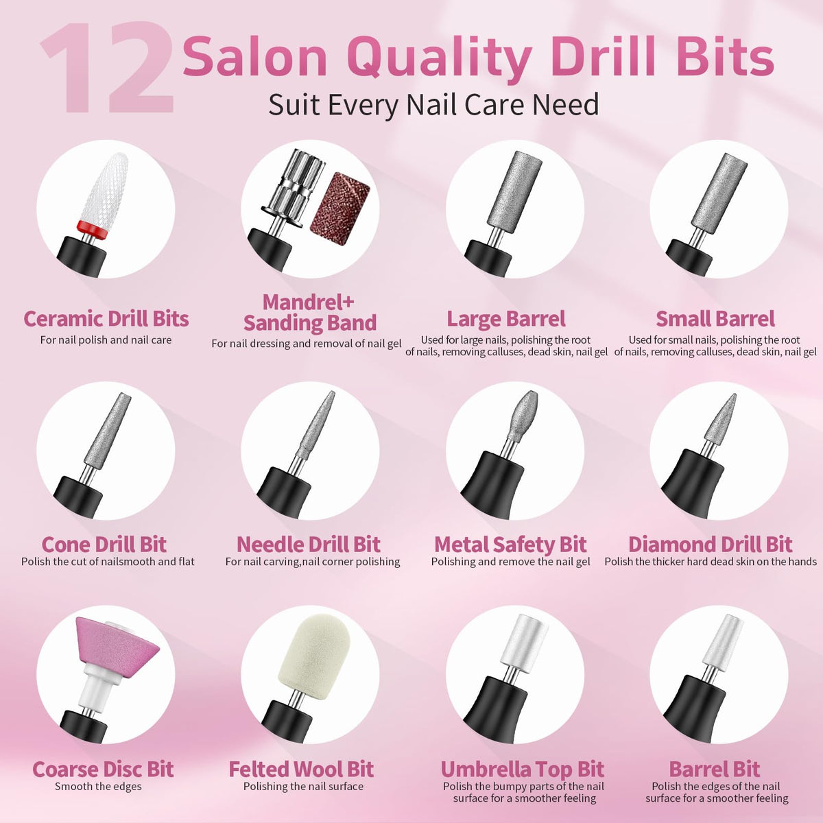 YLYYCC assortment of twelve drill bits displayed for versatile nail preparation and finishing