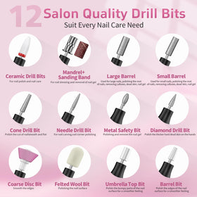 YLYYCC assortment of twelve drill bits displayed for versatile nail preparation and finishing