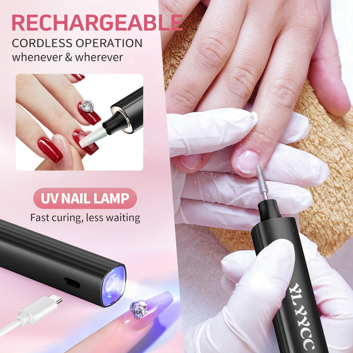 YLYYCC UV lamp curing nails demonstrating faster dry times and even light coverage