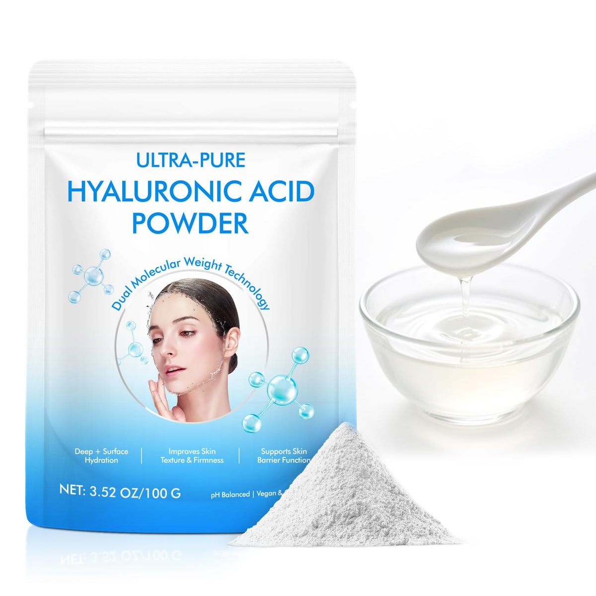 YMFGPFYL front packaging showing 100g HA powder and clear label for easy identification