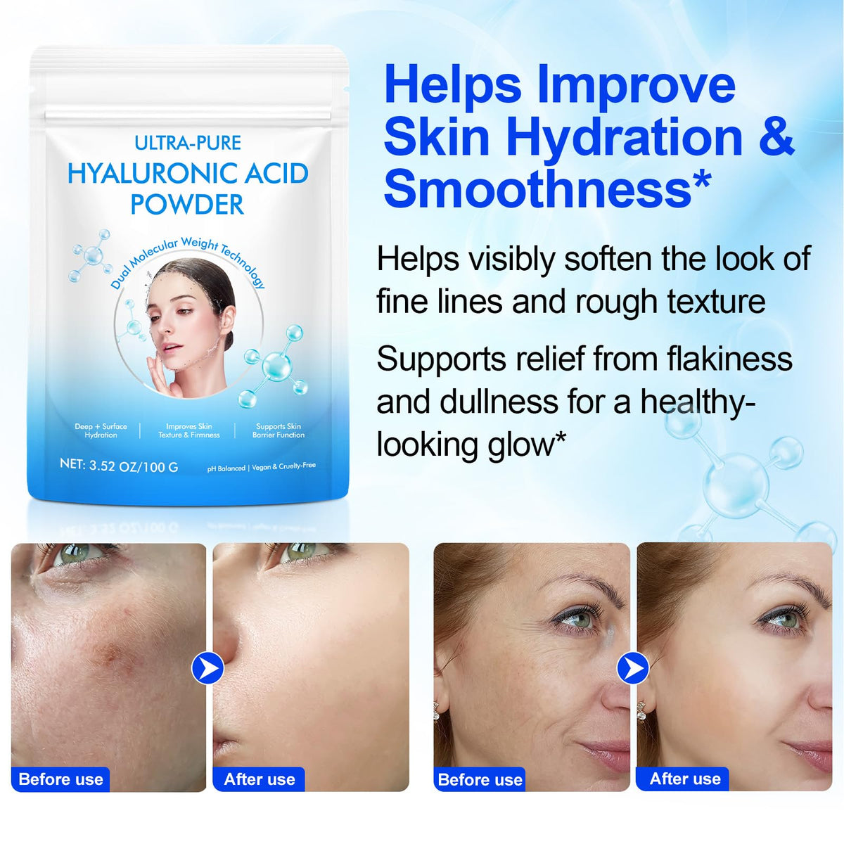 YMFGPFYL label close-up showing 100% pure hyaluronic acid and product details