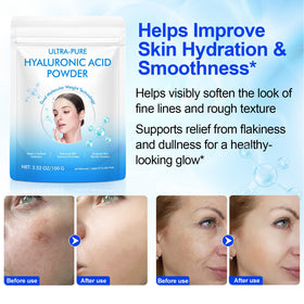 YMFGPFYL label close-up showing 100% pure hyaluronic acid and product details