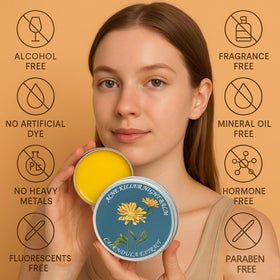 YOCMIPS natural ingredients flatlay with sea buckthorn and calendula showing botanical nourishment