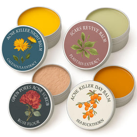 YOCMIPS front packaging shot showing full 4-in-1 acne balm set and benefits
