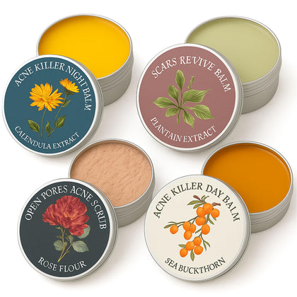 YOCMIPS front packaging shot showing full 4-in-1 acne balm set and benefits