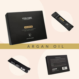 YOGI CARE argan oil bottle and vitamin E capsule representing nourishing ingredients