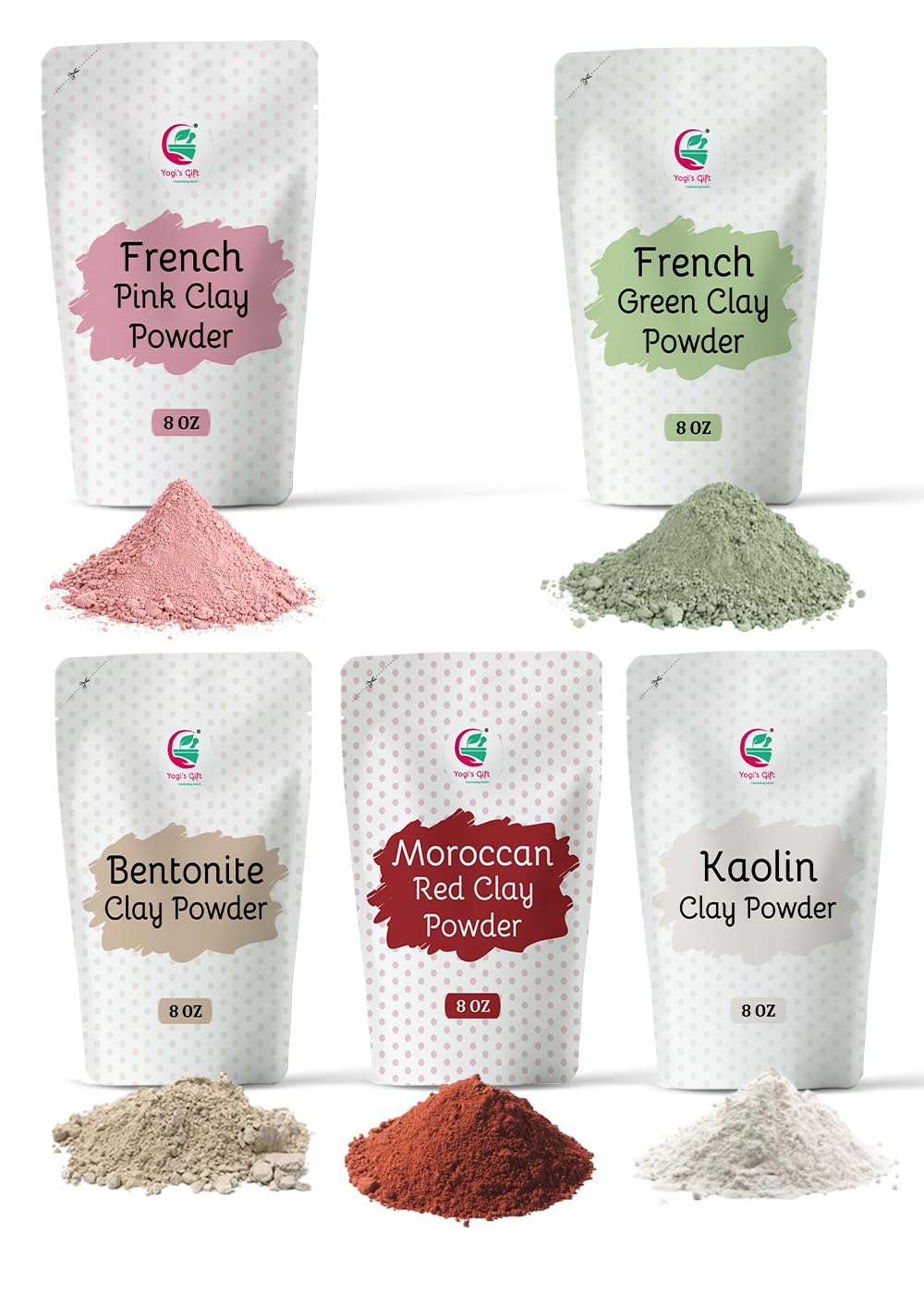 YOGI’S GIFT front packaging showing five 8oz clay pouches and contents benefit convenience