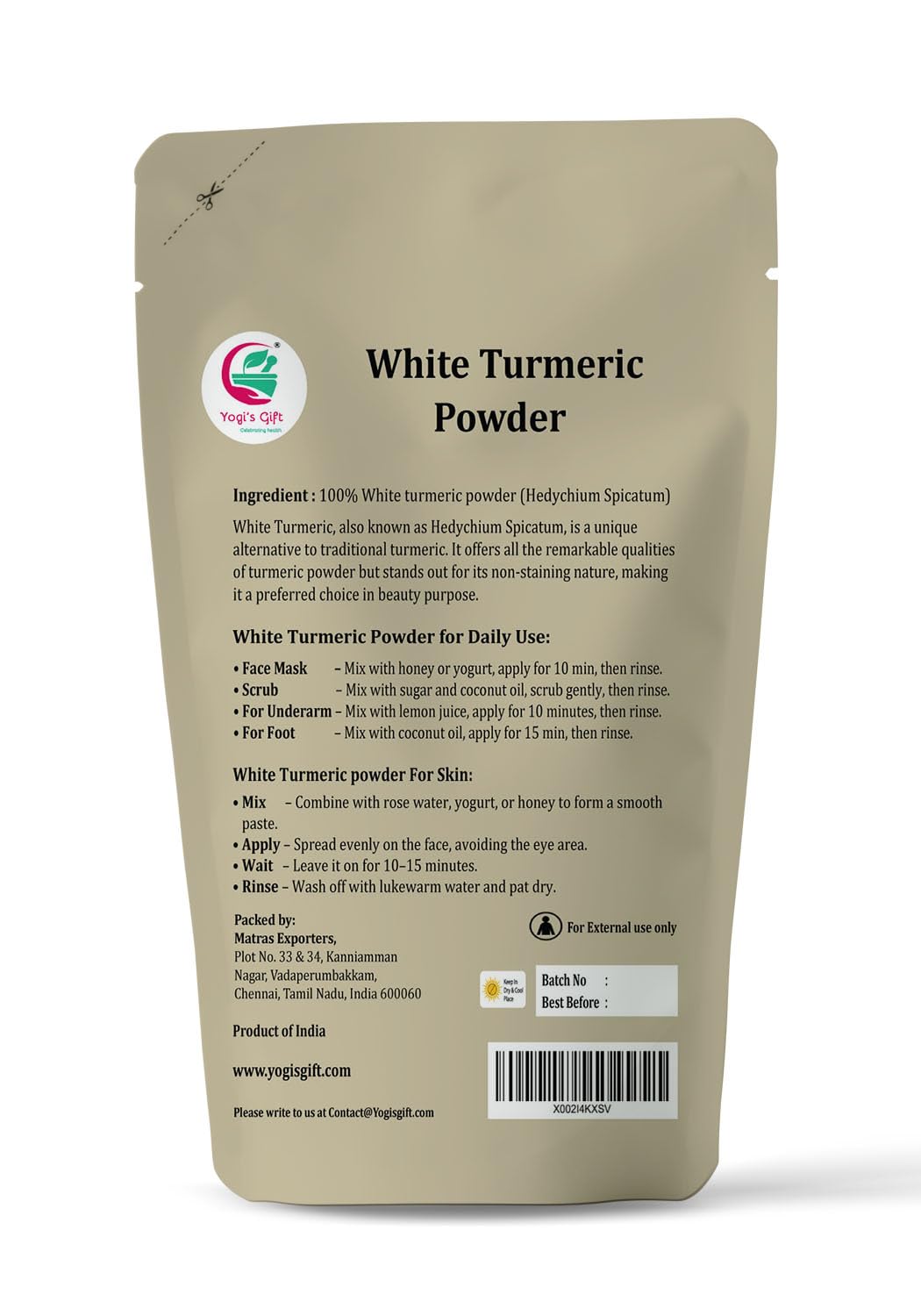 YOGI’S GIFT close-up of fine white turmeric powder texture for smooth mixing and gentle exfoliation