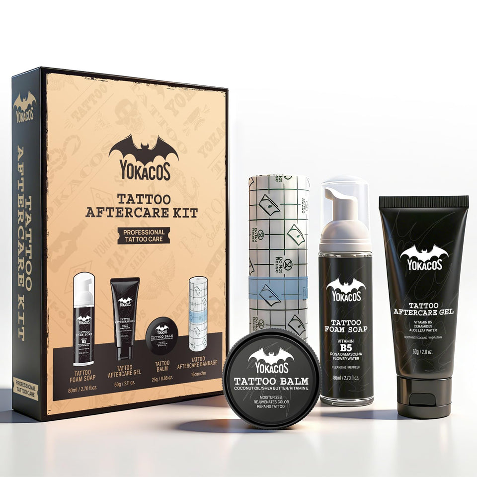 YOKACOS front packaging showing the complete four-piece aftercare kit and benefits