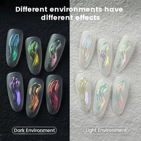 YOKE FELLOW salon scene with finished nails showcasing holographic chrome appeal