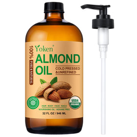 Yoken amber glass bottle front view showing pure almond oil packaging benefits