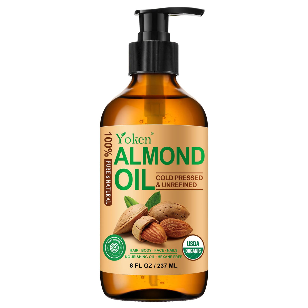 Yoken almond oil front bottle showing label and amber glass benefit preservation